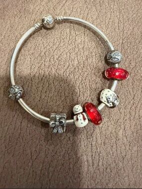 Pandora Silver Bracelet with Red and Cream Holiday Charms